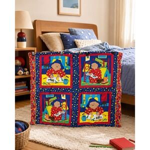 Vintage 2000 Paddington Bear Quilted Throw Blanket Red Blue Stars Primary Colors